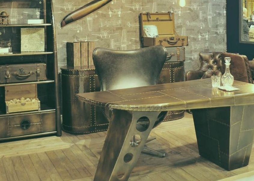 Aviator style wing desk with matching bookcase and large egg shaped desk chair