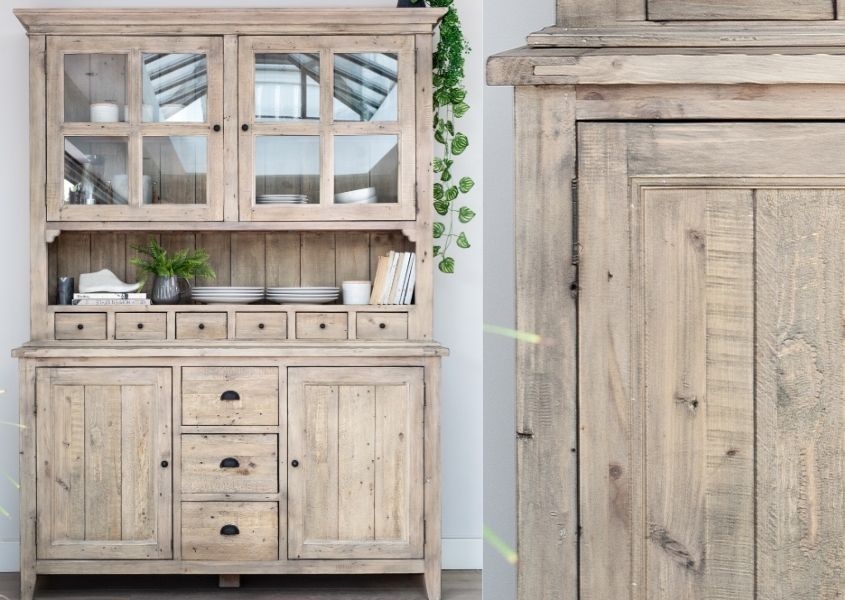 Reclaimed wood welsh dresser with close up of rustic wood