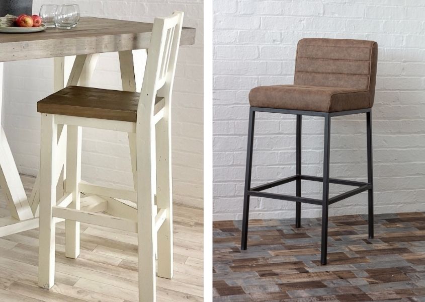 A white wooden bar stool and brown faux leather industrial bar stool