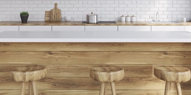 Wooden breakfast bar with rustic wood bar stools