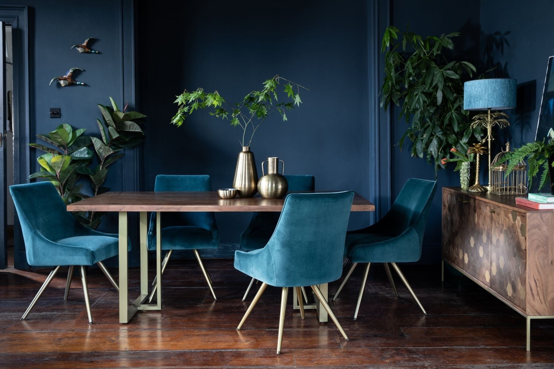 mango wood dining table with teal velvet dining chairs