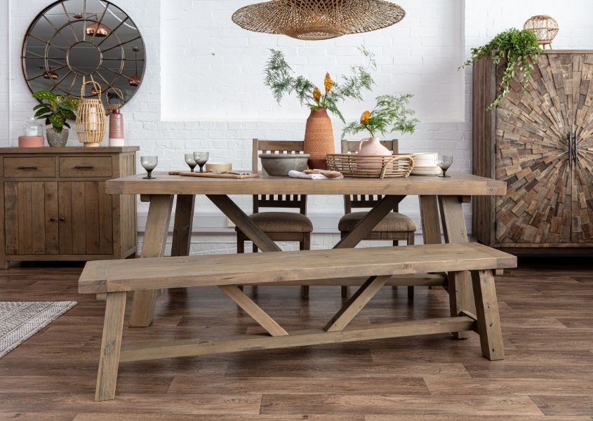 reclaimed wood dining table with wooden dining bench