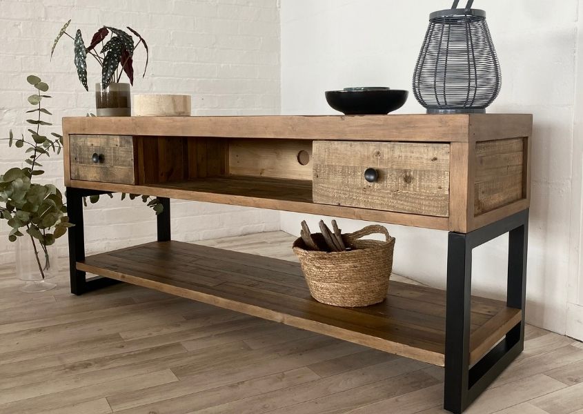 industrial tv stand with bottom shelf and two drawers