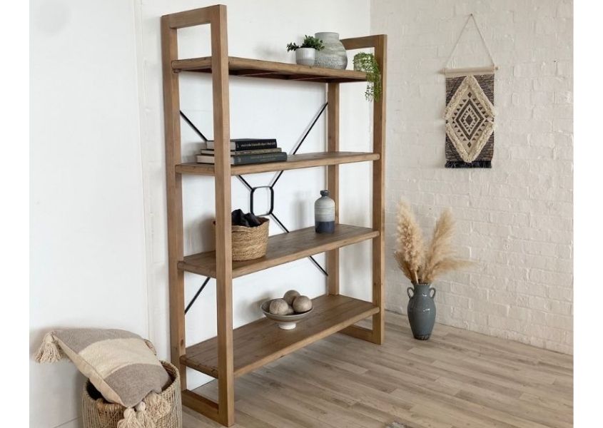 reclaimed wood bookcase with metal back bar