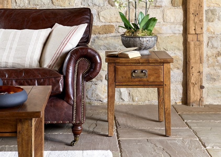 mango wood lamp table with dark brown leather sofa
