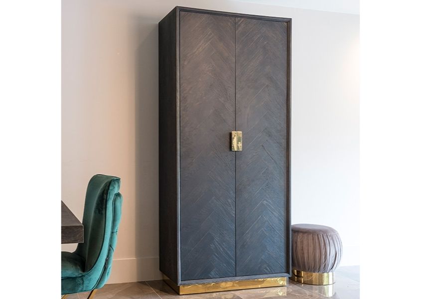 dark rustic wood drinks cabinet with gold handle