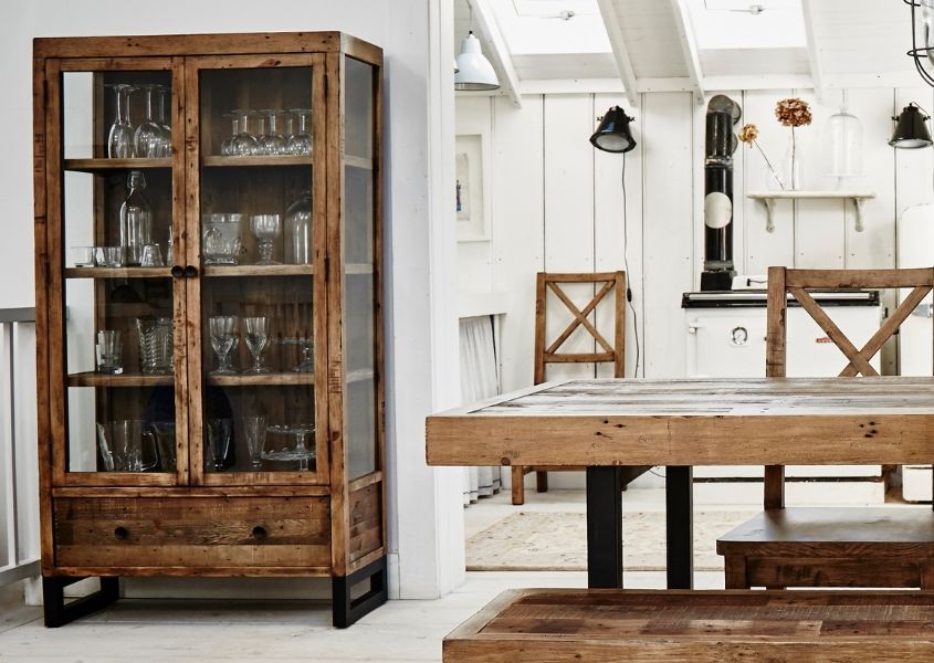reclaimed wood glass display cabinet in white dining room