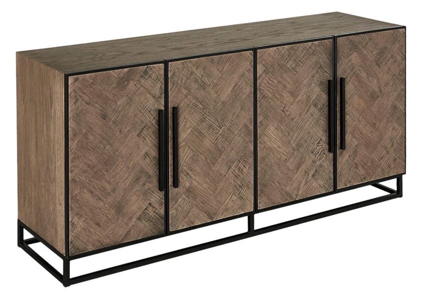 reclaimed wood industrial sideboard with four cupboards and black metal handles