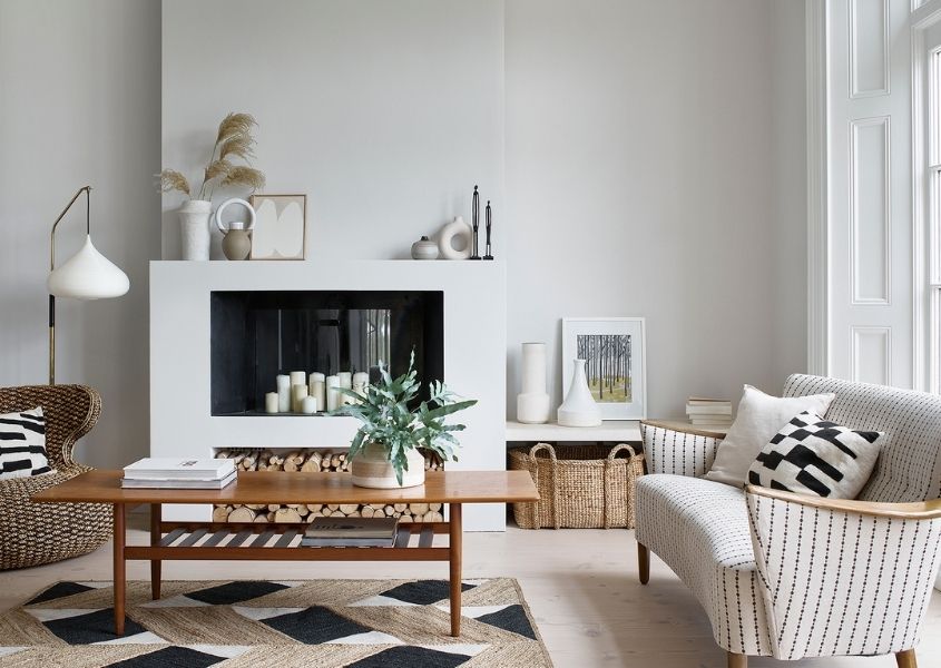 white painted living room with wooden coffee table
