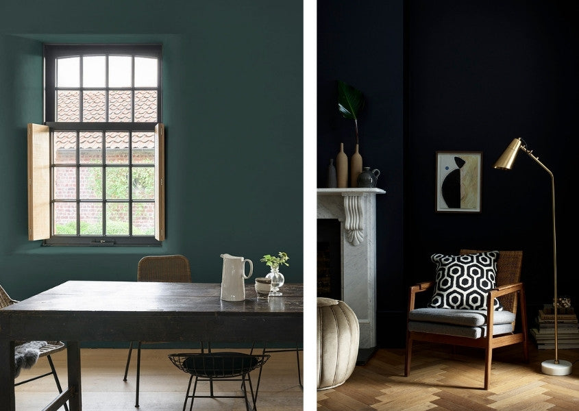 dark rustic dining table with dark wall