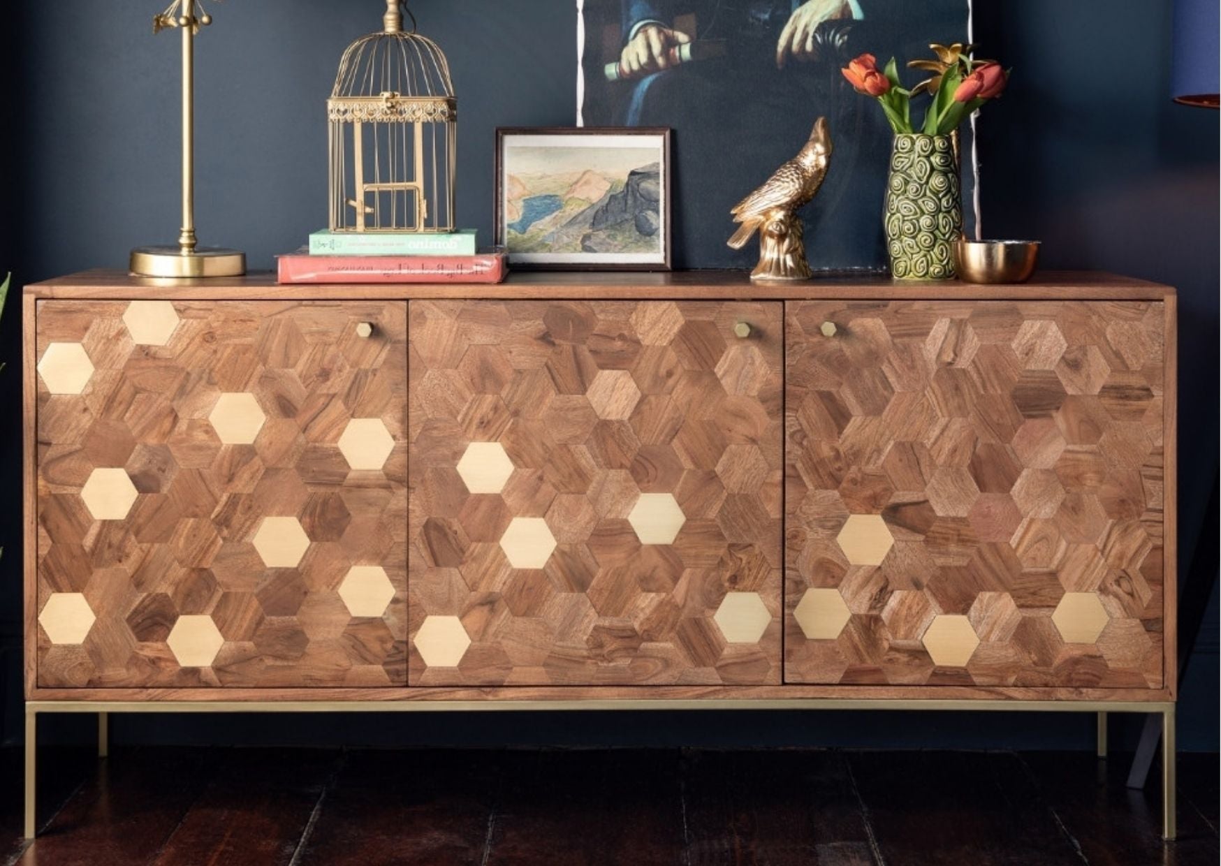 mango wooden sideboard with brass hexagonal inlays