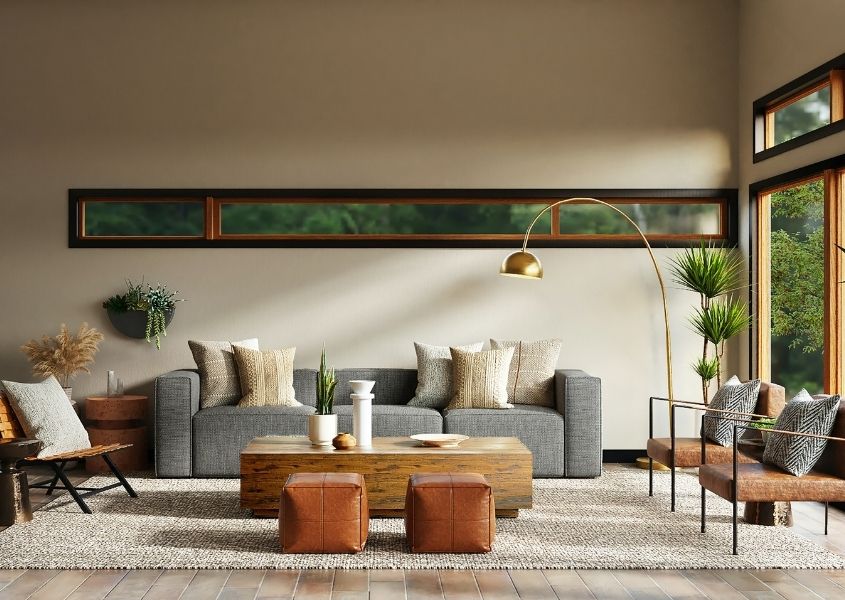 living room with grey fabric sofa and metal leather armchairs
