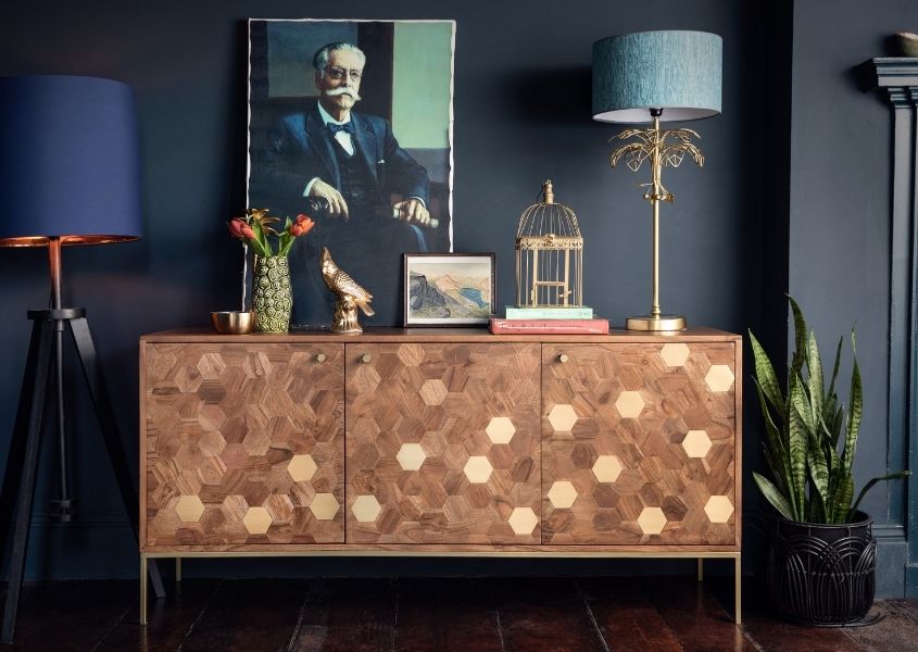 mango wood sideboard with brass hexagonal inlays