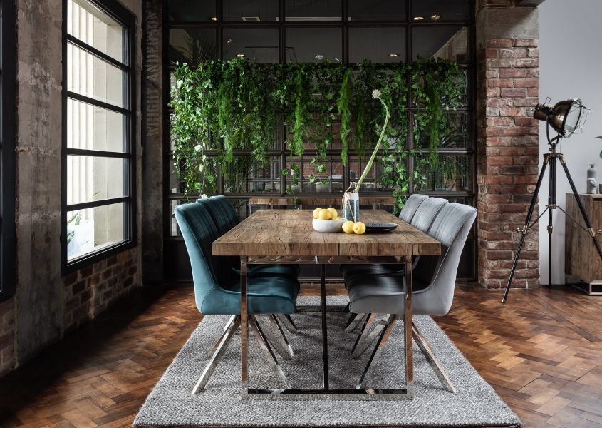 Rustic dining table with velvet dining chairs
