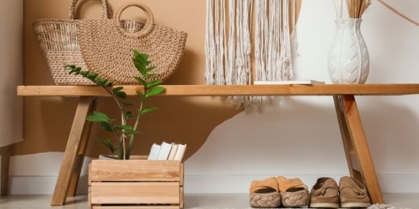 Wooden bench with rattan tote bag