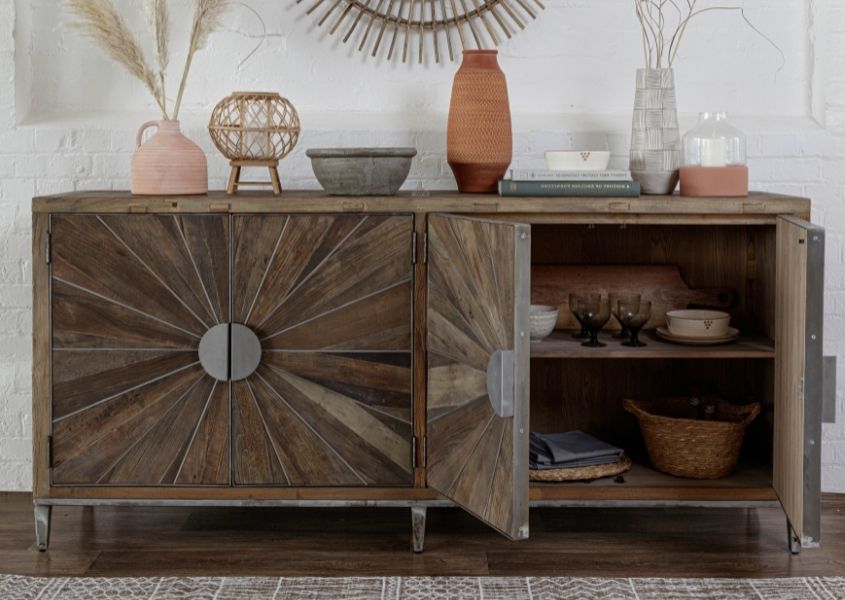 reclaimed wood sideboard with open cupboard door