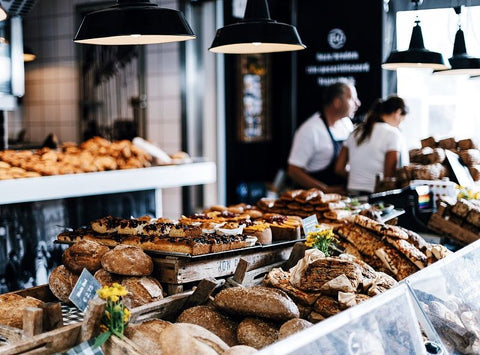 Breads, cakes and pastries displayed in a bakery