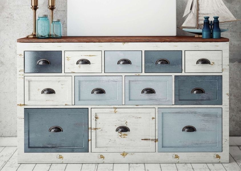 Large 12 drawer chest of drawers painted in different shades of grey