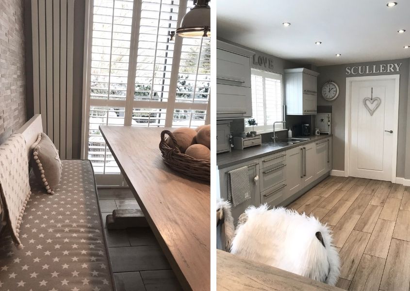 Two images of a grey wooden kitchen with wooden floor and close up of wooden table
