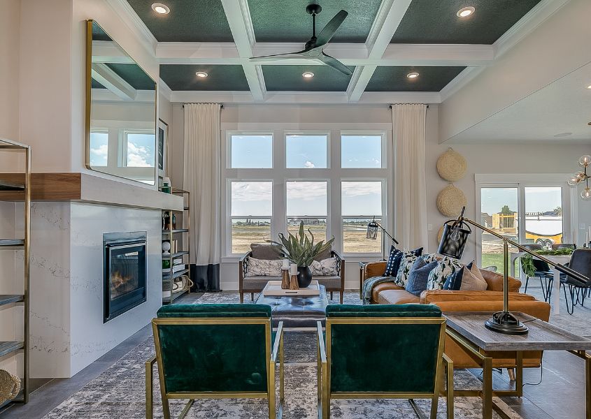 living room with green painted panelled ceiling