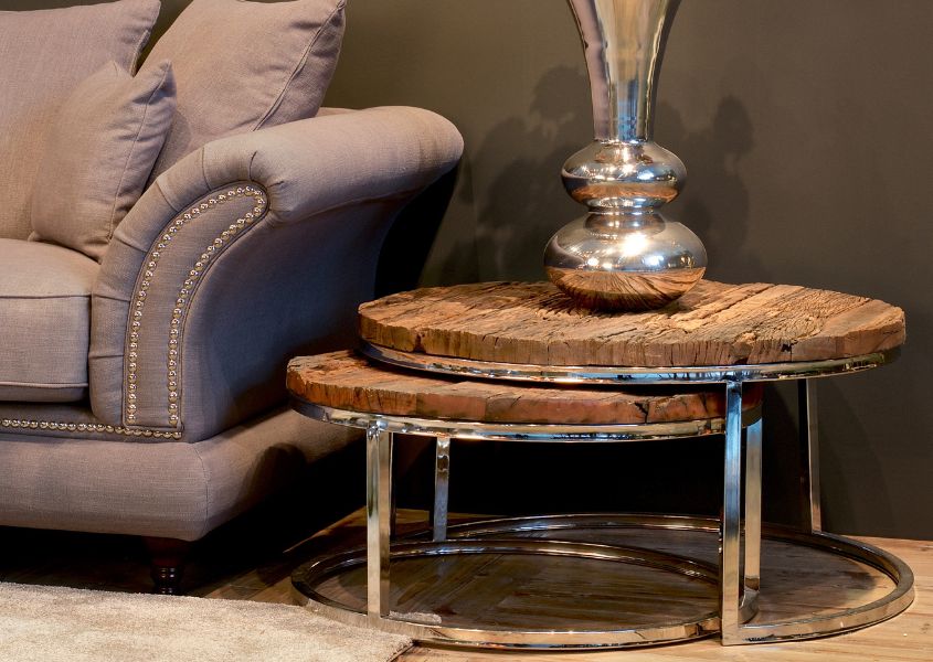 round nest of tables in reclaimed wood with silver leg