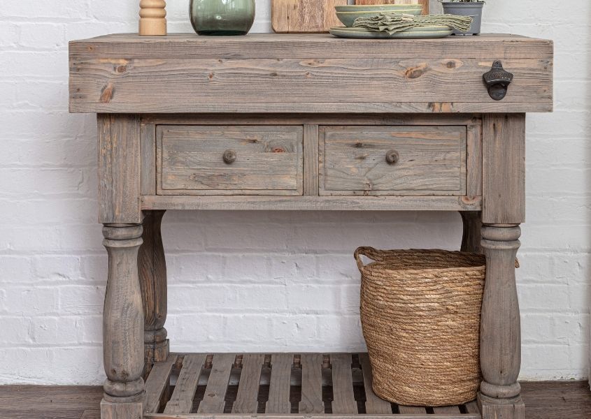 rustic butcher's block with slatted bottom shelf and two drawers
