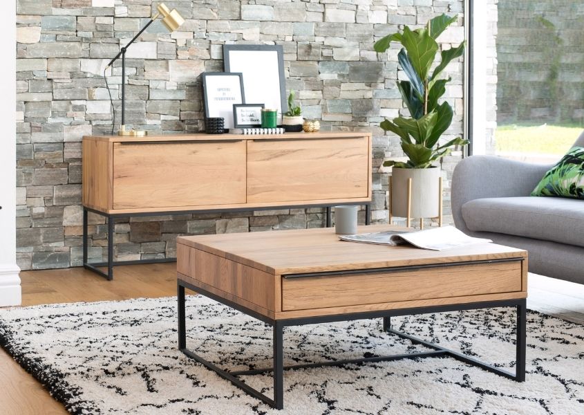 industrial square coffee table with grey fabric sofa