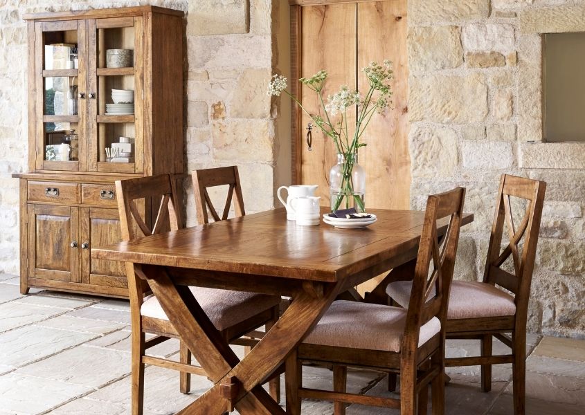 mango wood dining table with wooden kitchen dresser