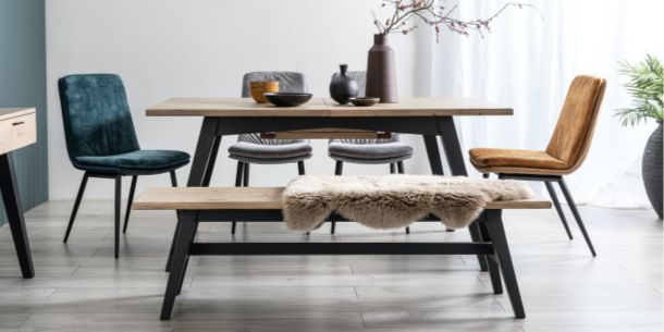 wooden dining table with fabric dining chairs and wooden dining bench