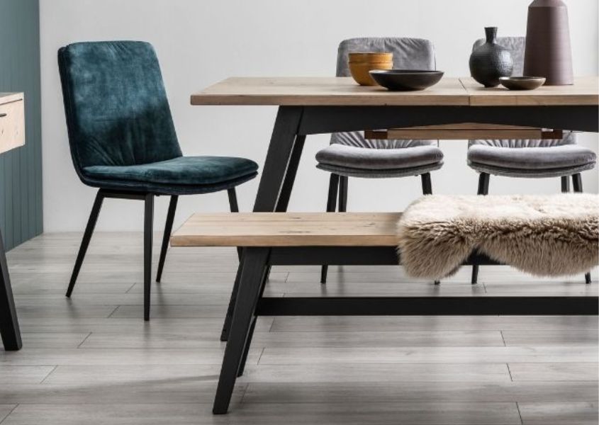 rustic dining table with fabric dining chairs and wooden dining bench