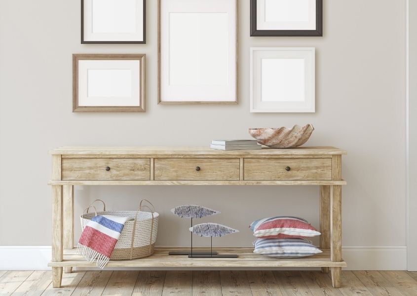 rustic wood console table with three drawers
