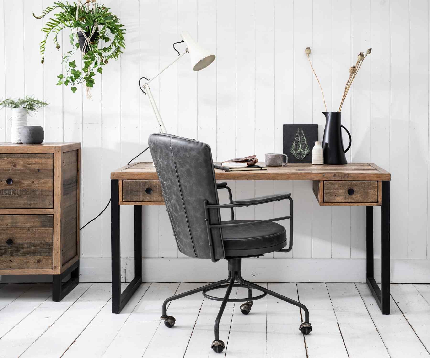Industrial reclaimed wood desk and filing cabinet with grey faux leather chair 