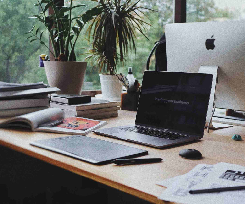 Laptop on wooden desk with books and plants
