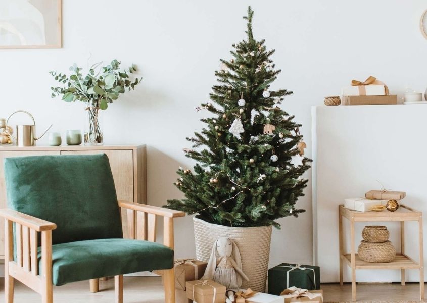 Small Christmas tree in living room with green wooden armchair