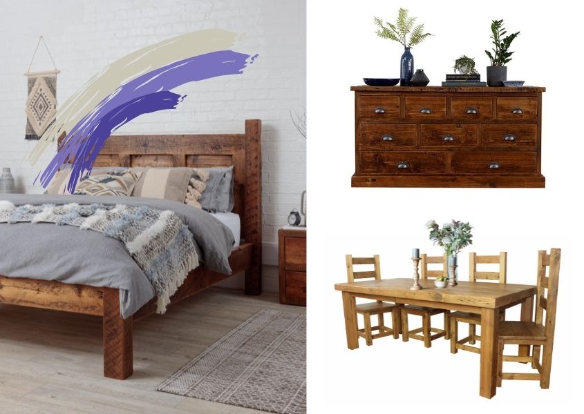 reclaimed wood bed with wooden sideboard and rustic dining table with paint splash overlay