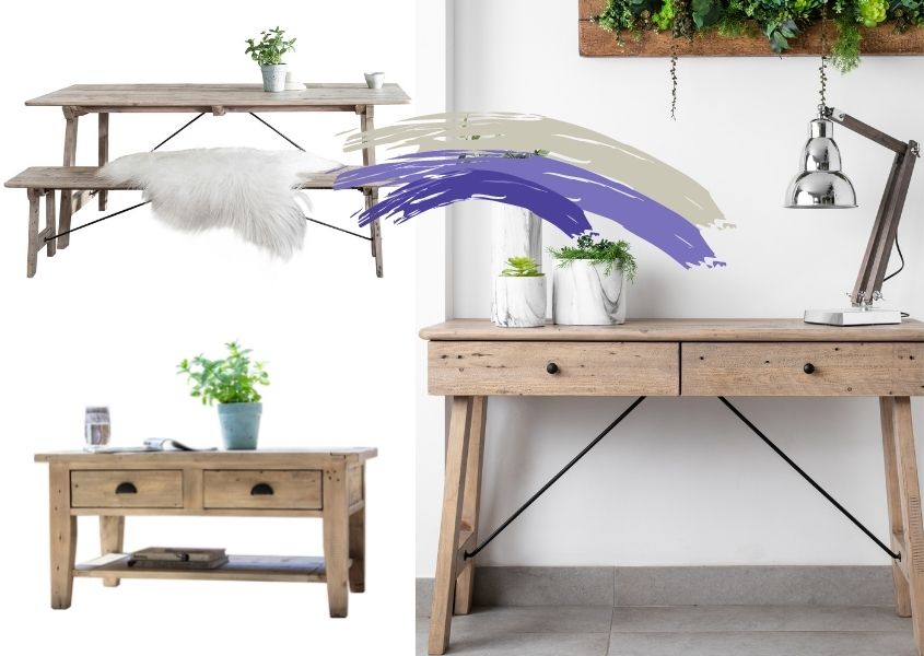 reclaimed wood console table with cutouts of rustic dining table and rustic coffee table with paint splash overlay