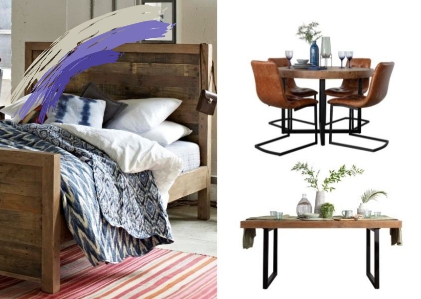 reclaimed wood bed with cutout of reclaimed wood dining table and round dining table with paint splash overlay