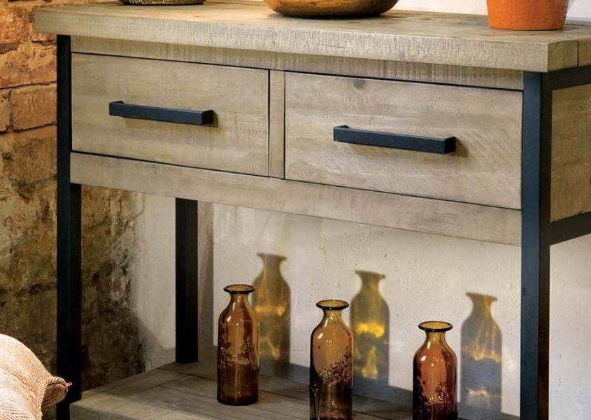 industrial console table with two drawers