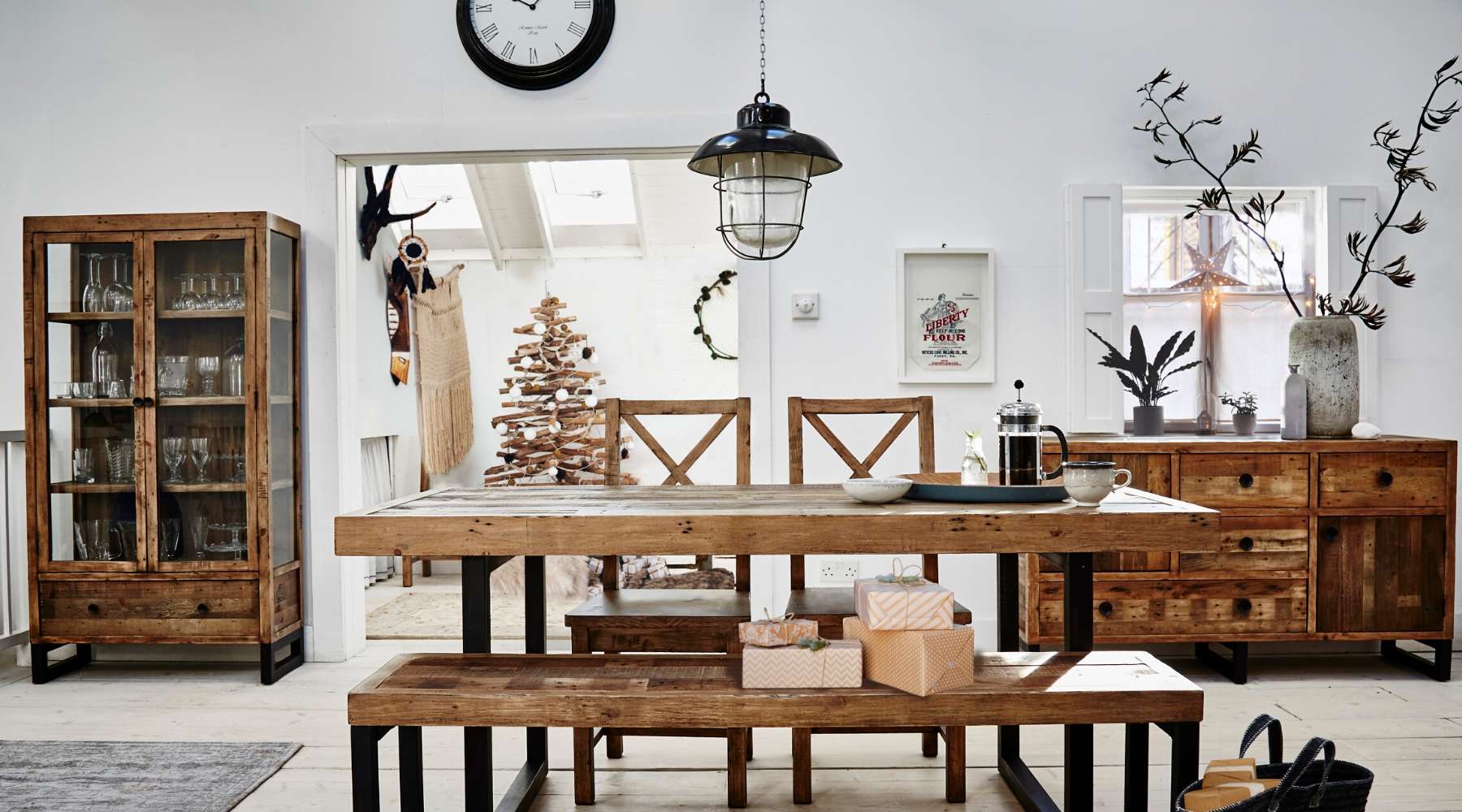 industrial kitchen with glass cabinet and sideboard