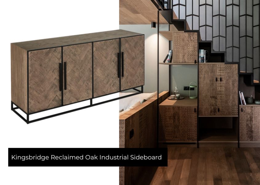 hotel bedroom interior with cutout of reclaimed wood sideboard