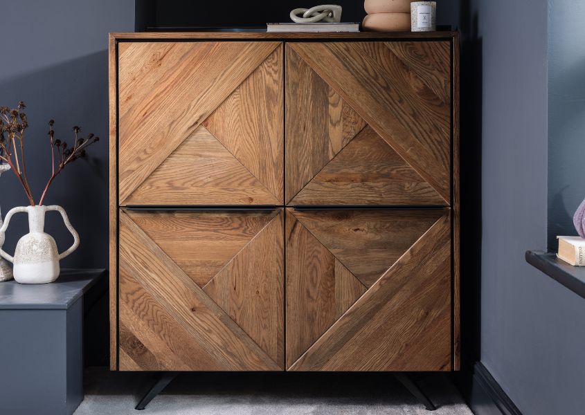 rustic oak highboard with metal handles