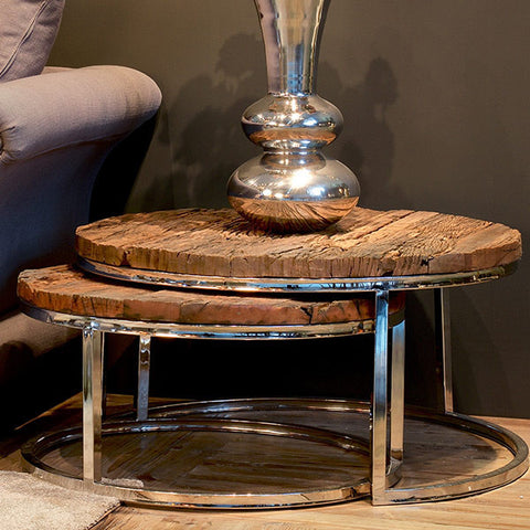 Luxe Kensington Reclaimed Wood Round Nest of Tables for Living Room