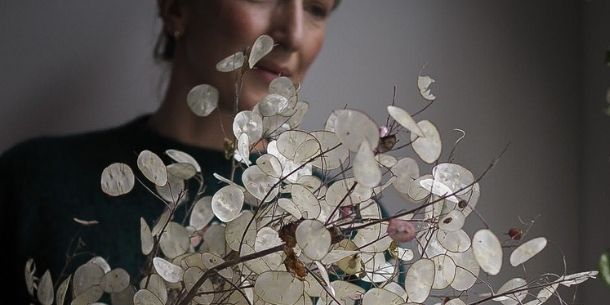 Women looking down and holding dried honesty pod flowers
