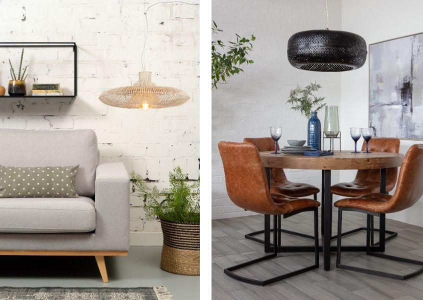 Two images of hanging pendant lights - black bamboo ceiling light over round dining table and natural bamboo hanging next to a grey sofa
