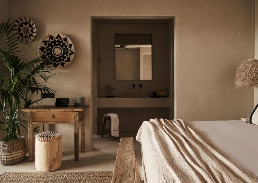 Rustic console table in bedroom of hotel Habitat, Mykonos