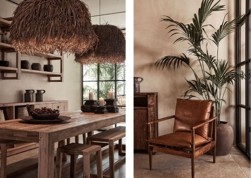 rustic dining table and leather armchair at hotel Habitat, Mykonos