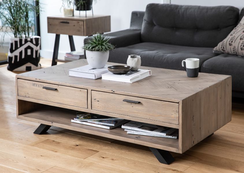 reclaimed wood coffee table with drawers