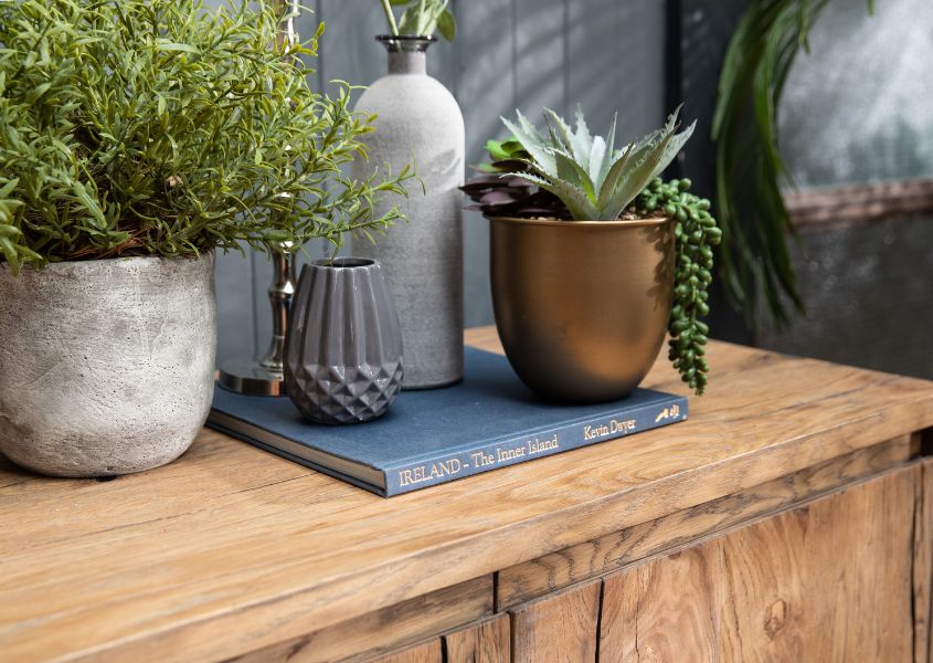 close up of reclaimed wood sideboard with plant pots