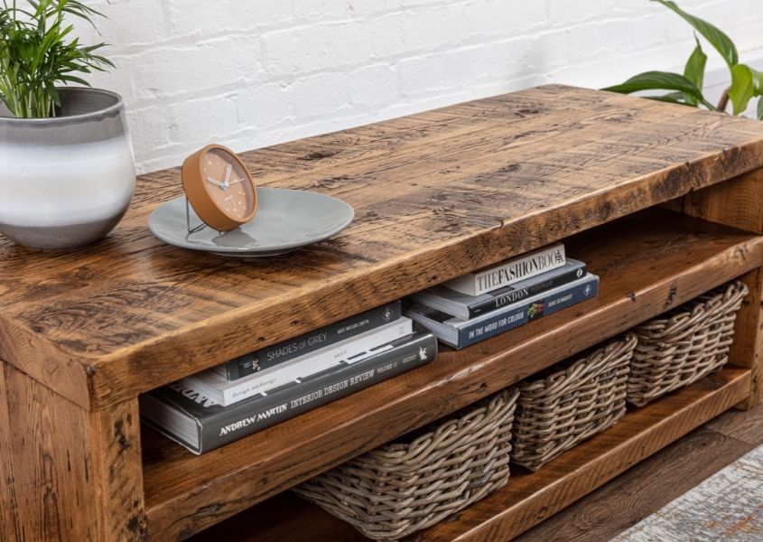 reclaimed wood tv unit with baskets