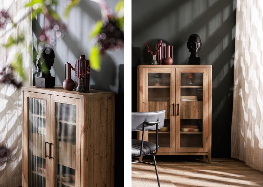 glass display unit in reclaimed wood